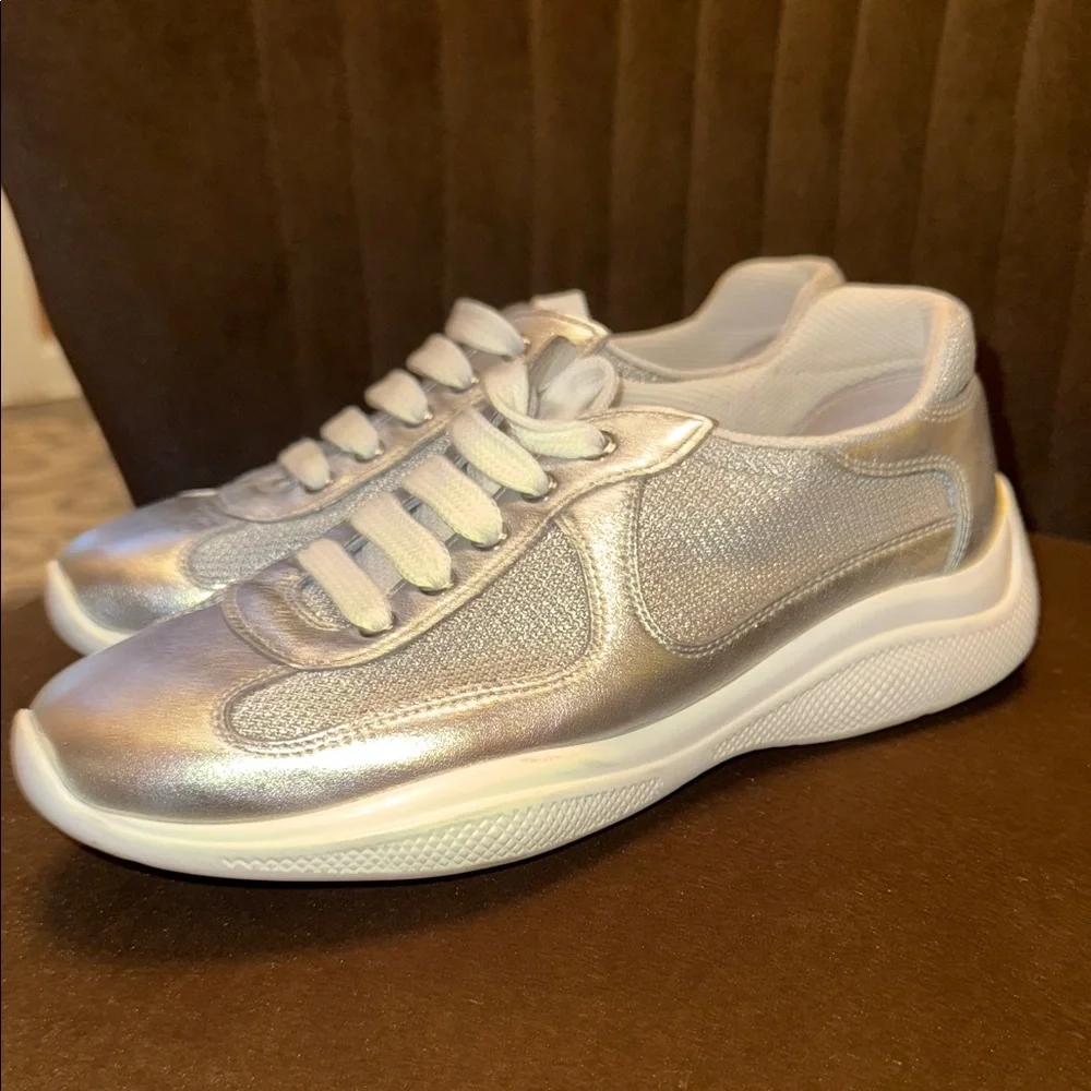 Prada Metallic Silver and White Sneakers - Picture 3 of 6